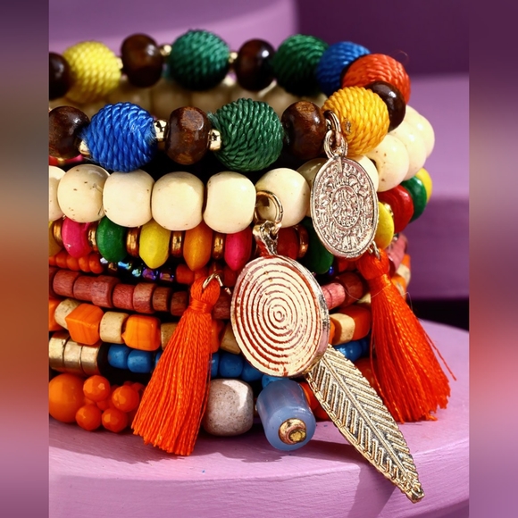Bright & Colorful Bohemian Beaded Stretch Bracelet Set w Charms & Tassel Accent - Picture 2 of 3